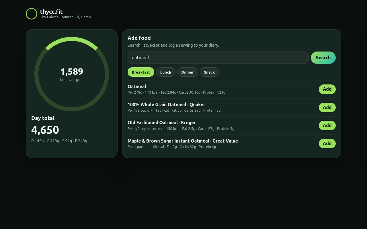 thycc.fit food search showing oatmeal results from FatSecret with Add buttons
